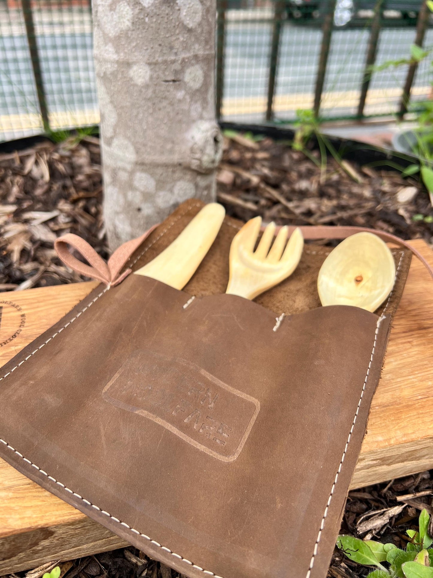 Handcarved Birch Cutlery Set with Handmade Nubuck Leather Sleeve – Bushcraft | Camping | Gift for Outdoorsmen