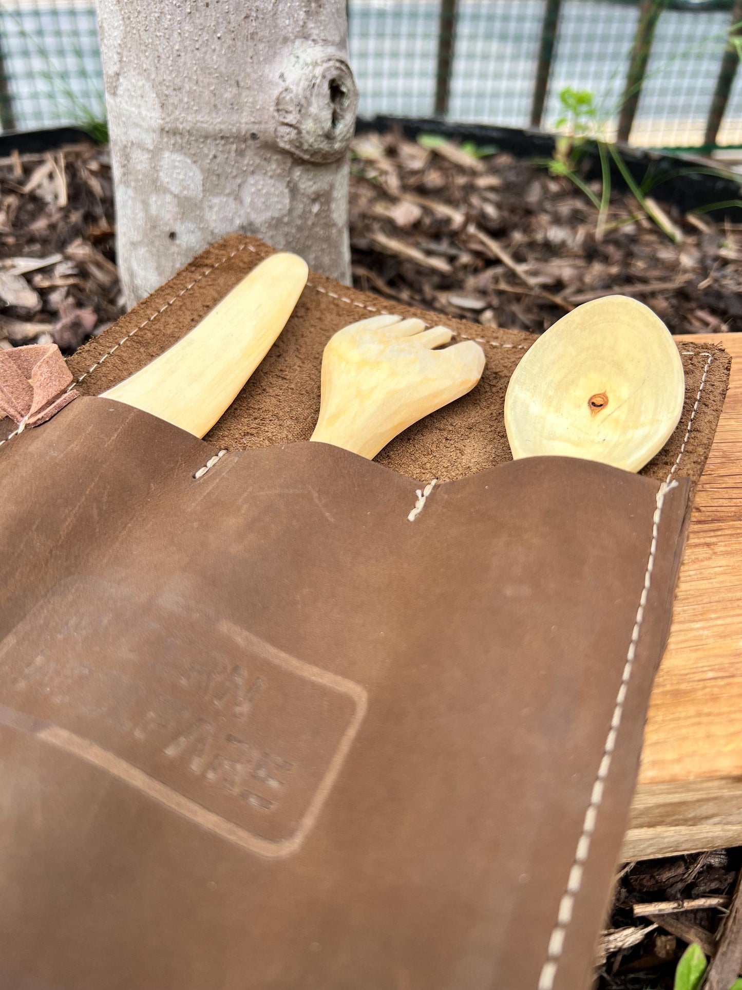 Handcarved Birch Cutlery Set with Handmade Nubuck Leather Sleeve – Bushcraft | Camping | Gift for Outdoorsmen