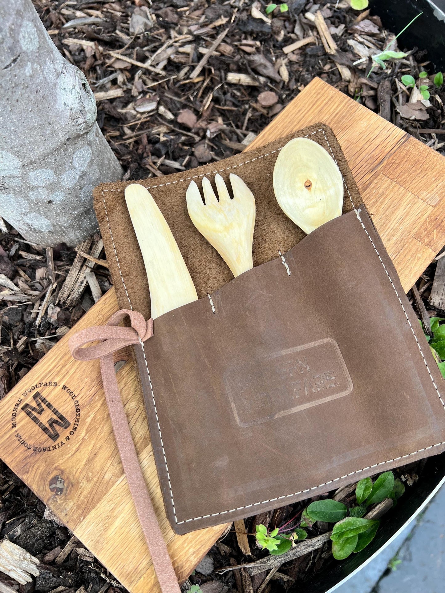 Handcarved Birch Cutlery Set with Handmade Nubuck Leather Sleeve – Bushcraft | Camping | Gift for Outdoorsmen