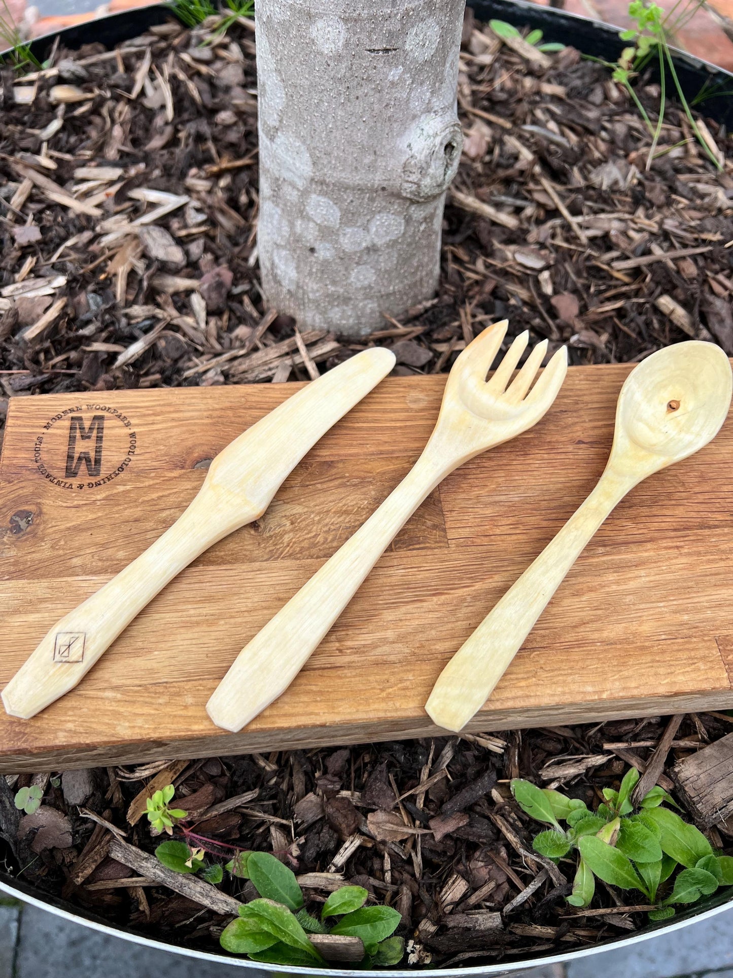 Handcarved Birch Cutlery Set with Handmade Nubuck Leather Sleeve – Bushcraft | Camping | Gift for Outdoorsmen