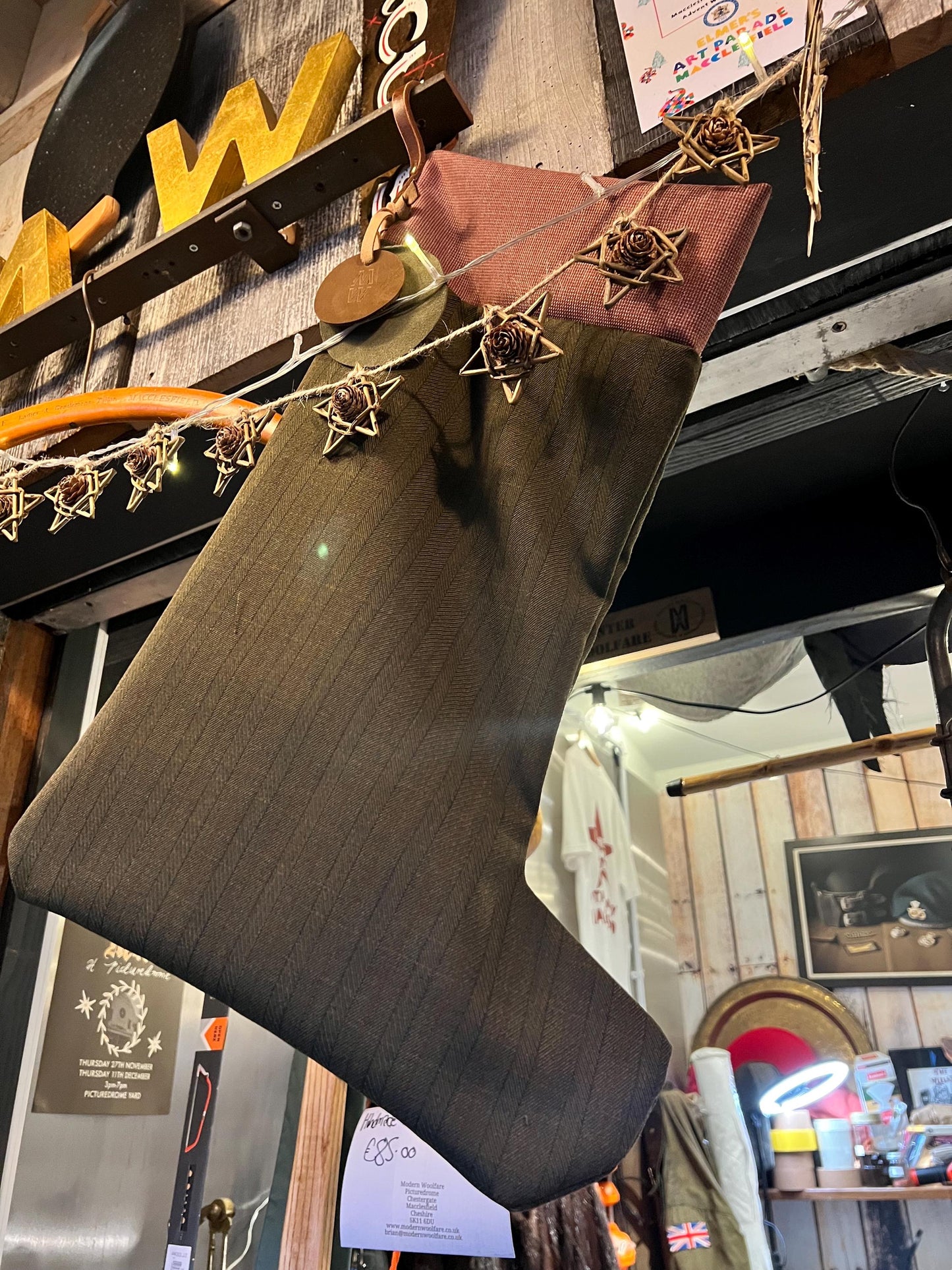 Traditional Wool Christmas Stocking – Handmade from Vintage English Wool with Buffalo Leather Hanging Strap