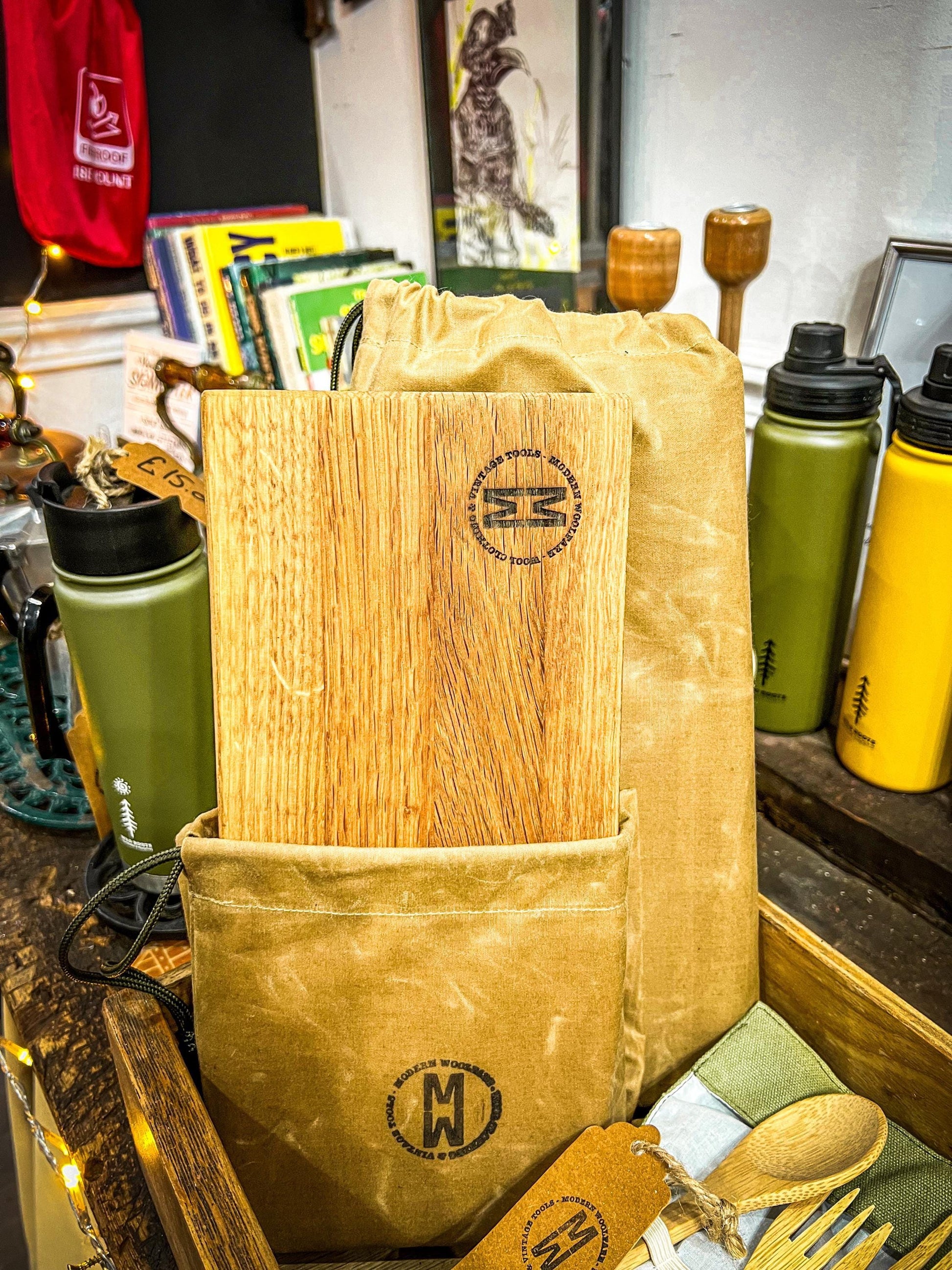 Hand Finished Oak Chopping Boards with Handmade Wax Cotton Sleeve