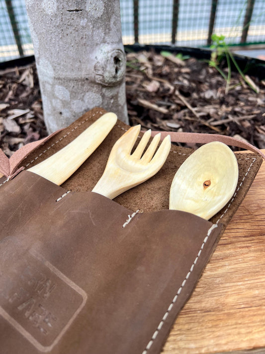 Handcarved Birch Cutlery Set with Handmade Nubuck Leather Sleeve – Bushcraft | Camping | Gift for Outdoorsmen