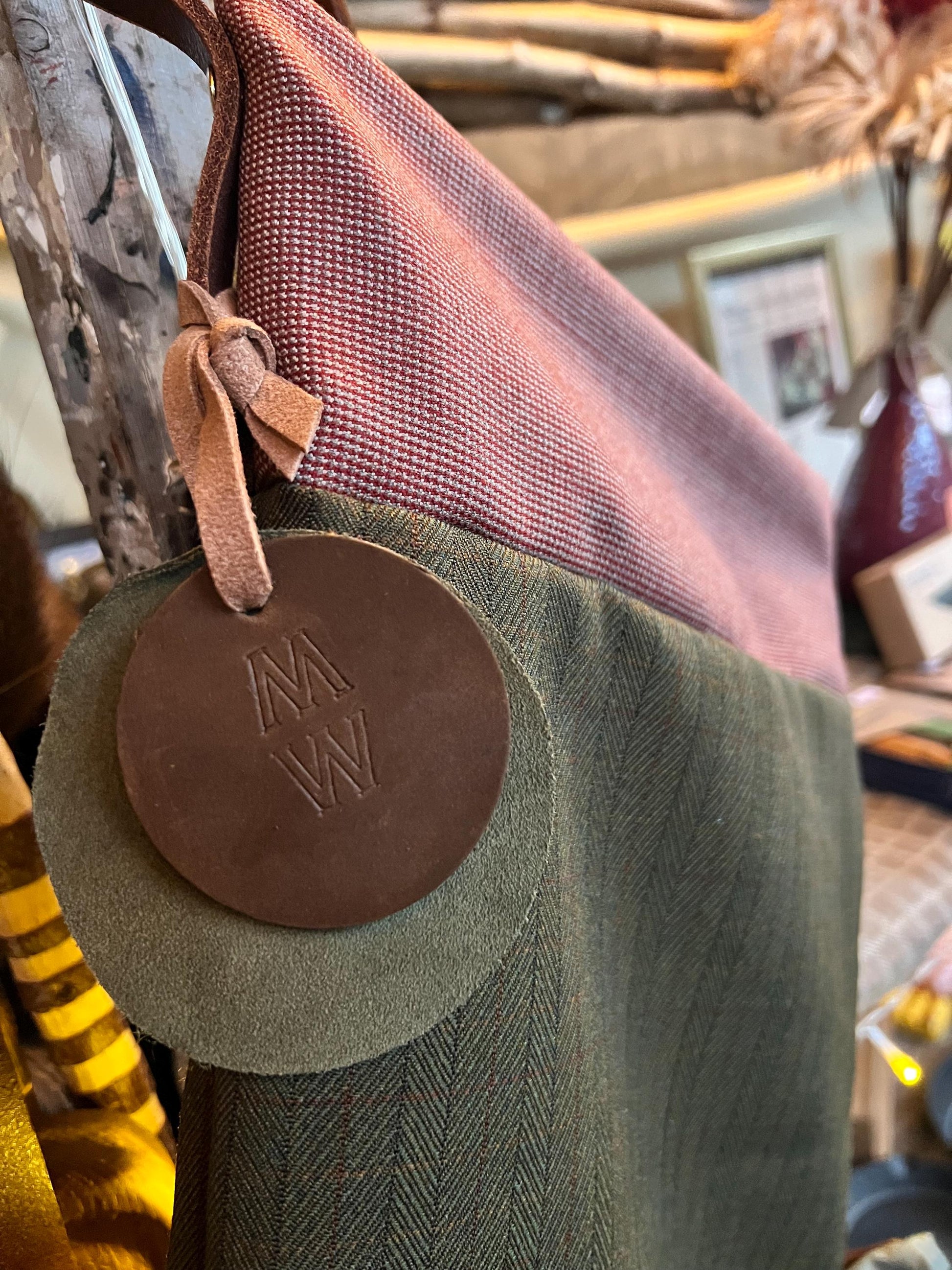 Traditional Wool Christmas Stocking – Handmade from Vintage English Wool with Buffalo Leather Hanging Strap