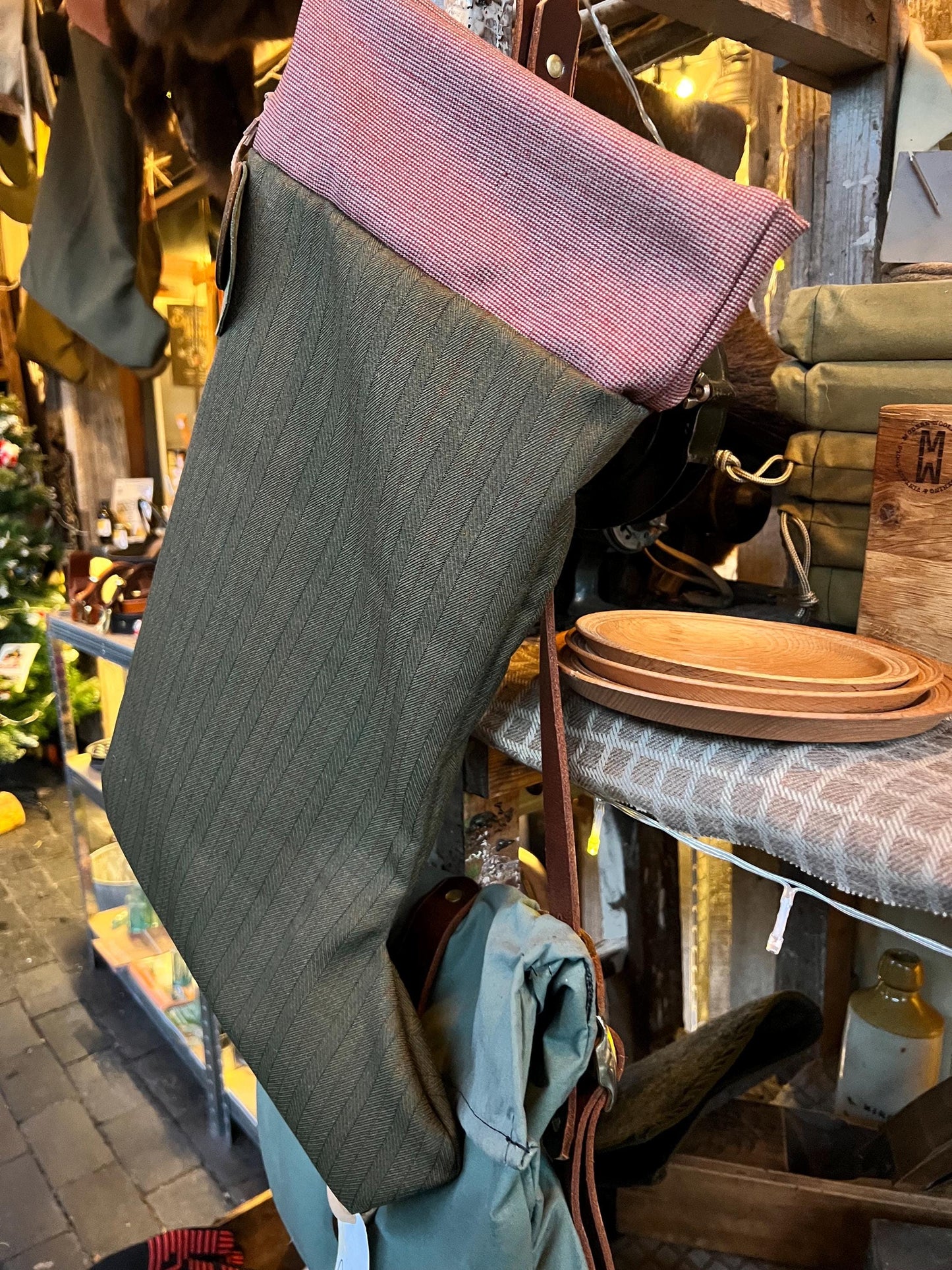 Traditional Wool Christmas Stocking – Handmade from Vintage English Wool with Buffalo Leather Hanging Strap