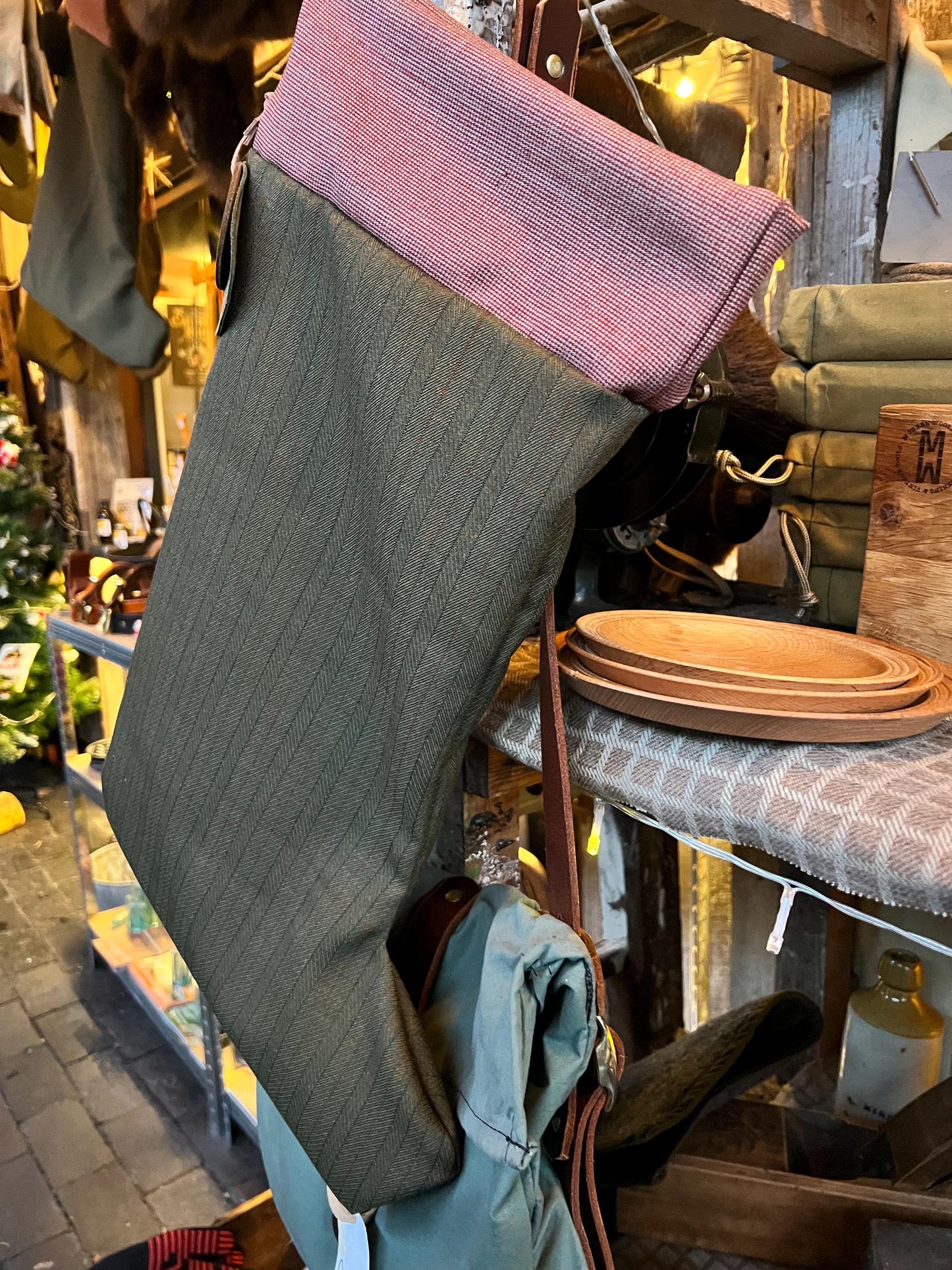 Traditional Wool Christmas Stocking – Handmade from Vintage English Wool with Buffalo Leather Hanging Strap