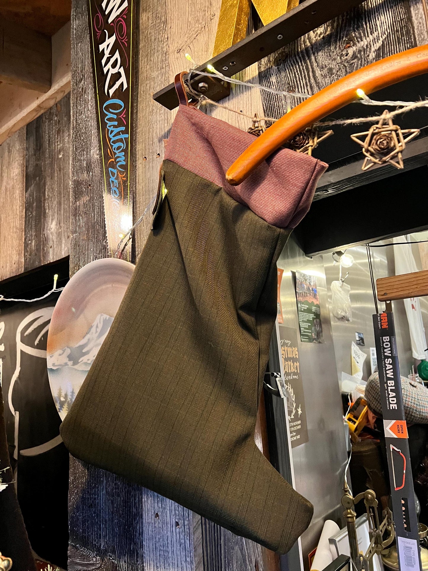 Traditional Wool Christmas Stocking – Handmade from Vintage English Wool with Buffalo Leather Hanging Strap