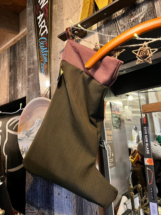 Traditional Wool Christmas Stocking – Handmade from Vintage English Wool with Buffalo Leather Hanging Strap