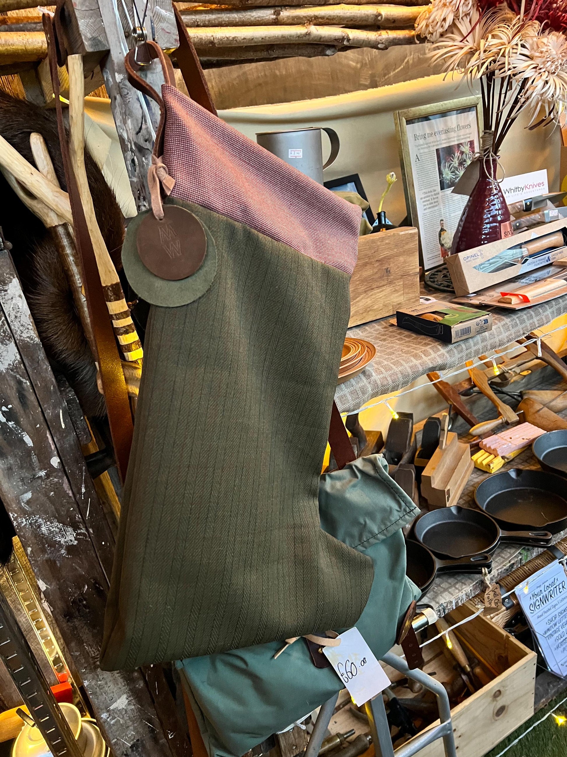 Traditional Wool Christmas Stocking – Handmade from Vintage English Wool with Buffalo Leather Hanging Strap