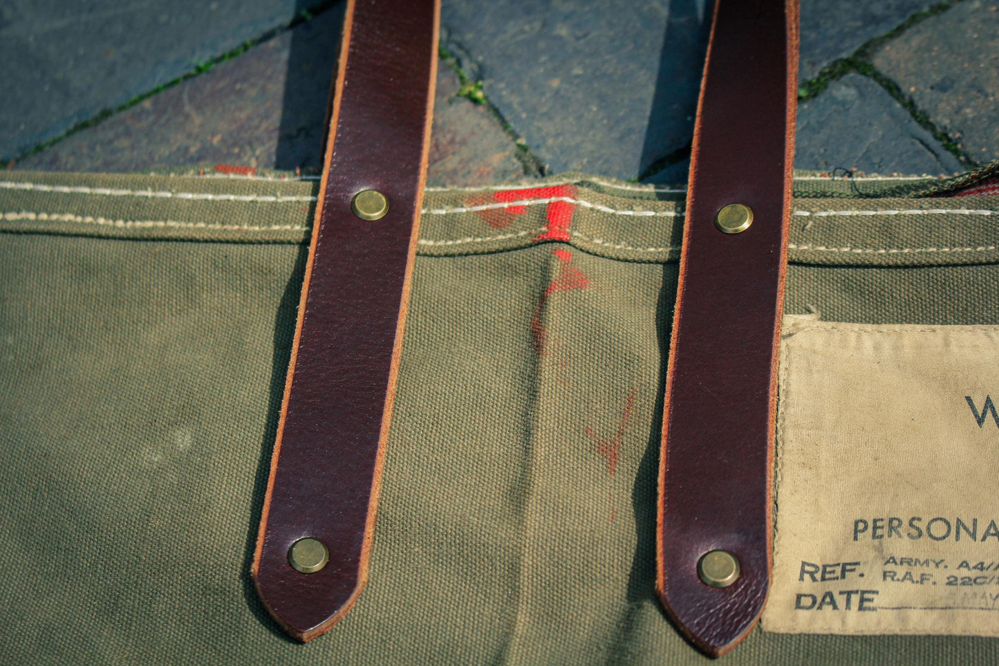 Vintage Military Canvas Tote Bag – Reclaimed Parachutist Equipment Sleeve with vintage wool lining and leather handles