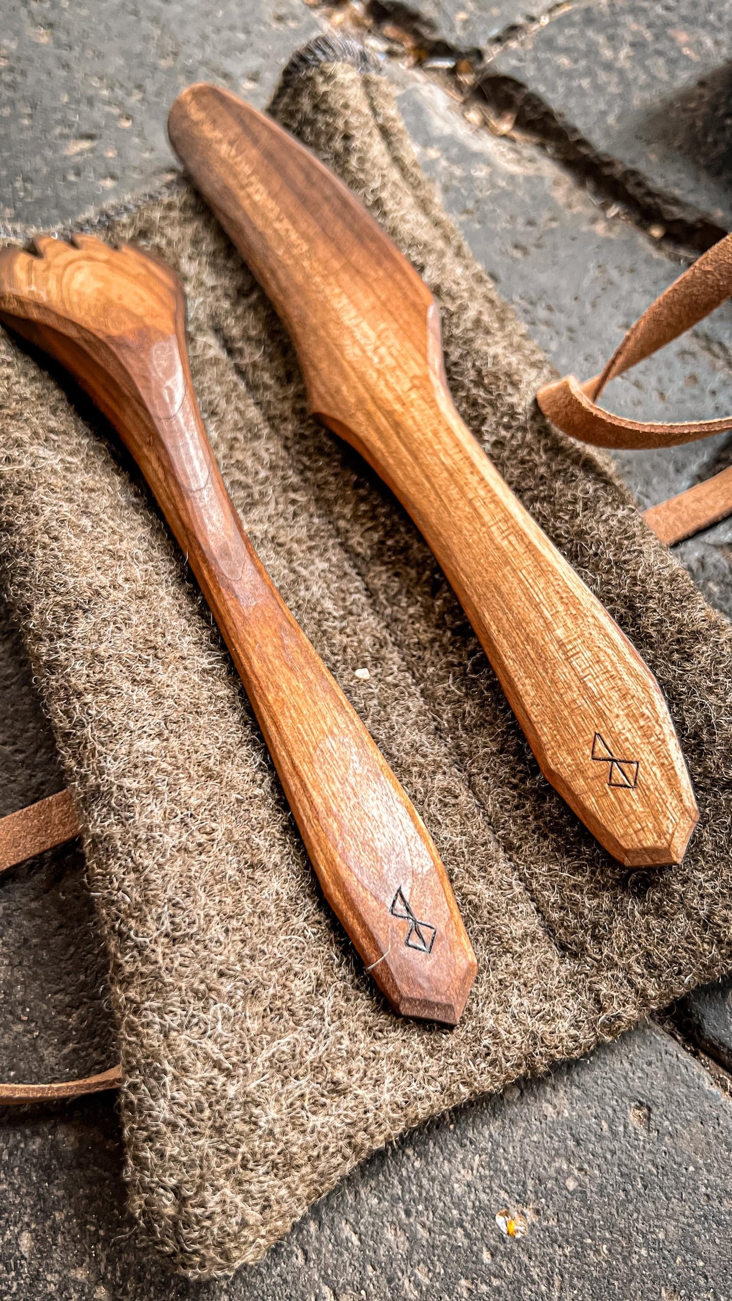 Handcarved Birch Cutlery Set with Handmade Nubuck Leather Sleeve – Bushcraft | Camping | Gift for Outdoorsmen