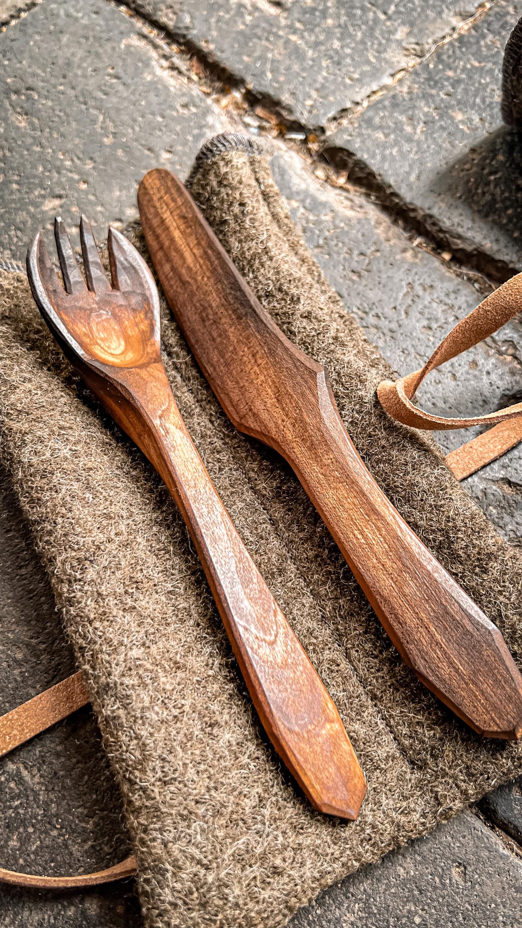 Handcarved Birch Cutlery Set with Handmade Nubuck Leather Sleeve – Bushcraft | Camping | Gift for Outdoorsmen