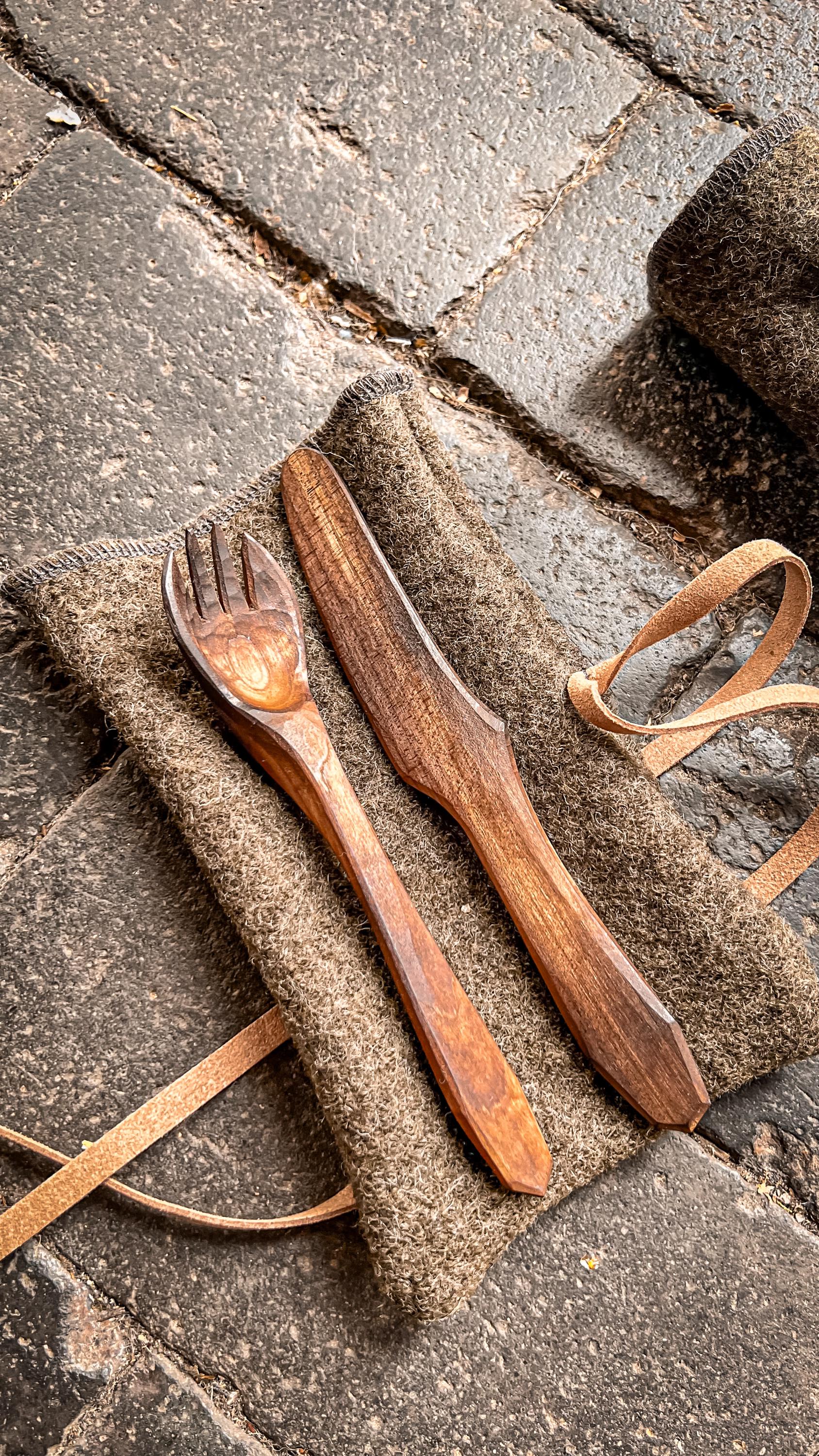 Handcarved Birch Cutlery Set with Handmade Nubuck Leather Sleeve – Bushcraft | Camping | Gift for Outdoorsmen