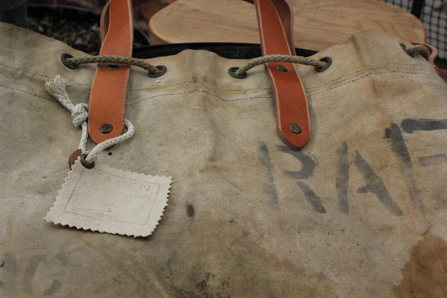Vintage Military Canvas Tote Bag – Reclaimed RAF Deployment Bag 1952, Leather Handles, Wool Lining