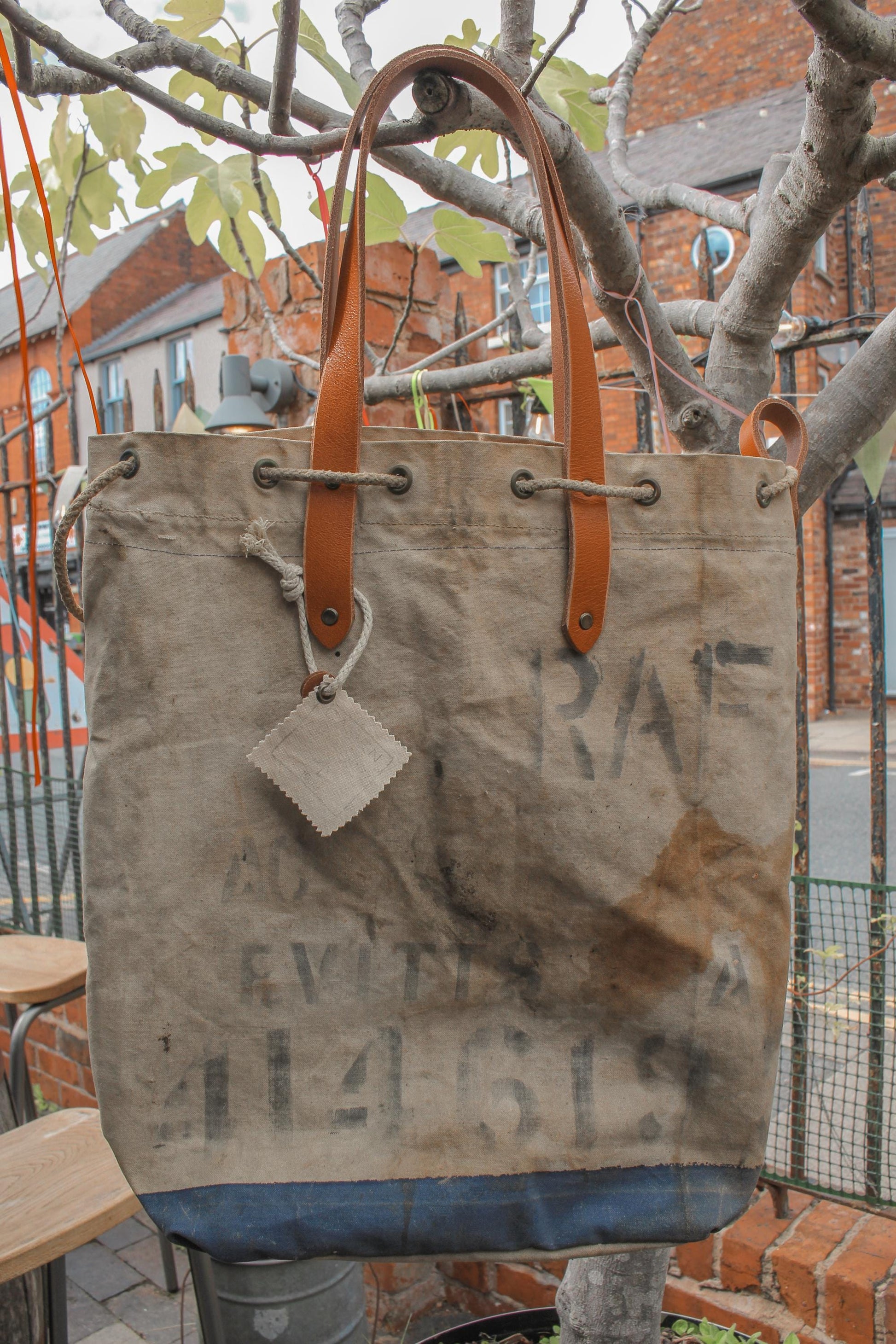 Vintage Military Canvas Tote Bag – Reclaimed RAF Deployment Bag 1952, Leather Handles, Wool Lining