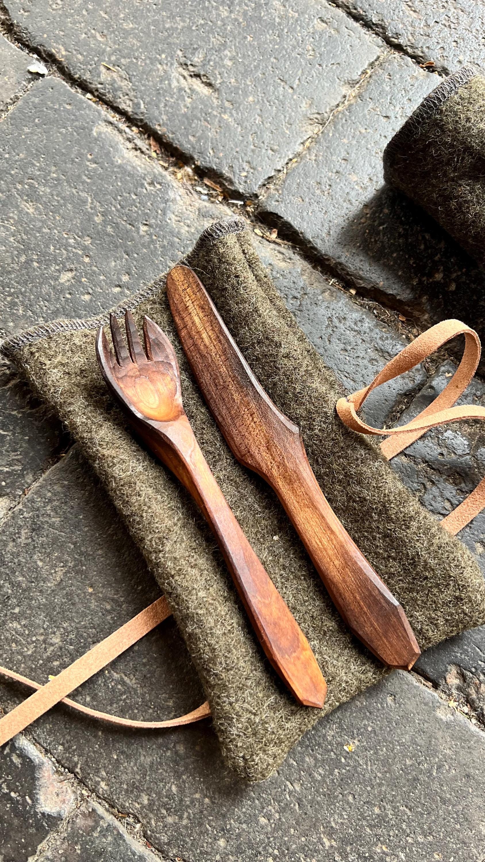 Handcarved Birch Cutlery Set with Handmade Nubuck Leather Sleeve – Bushcraft | Camping | Gift for Outdoorsmen