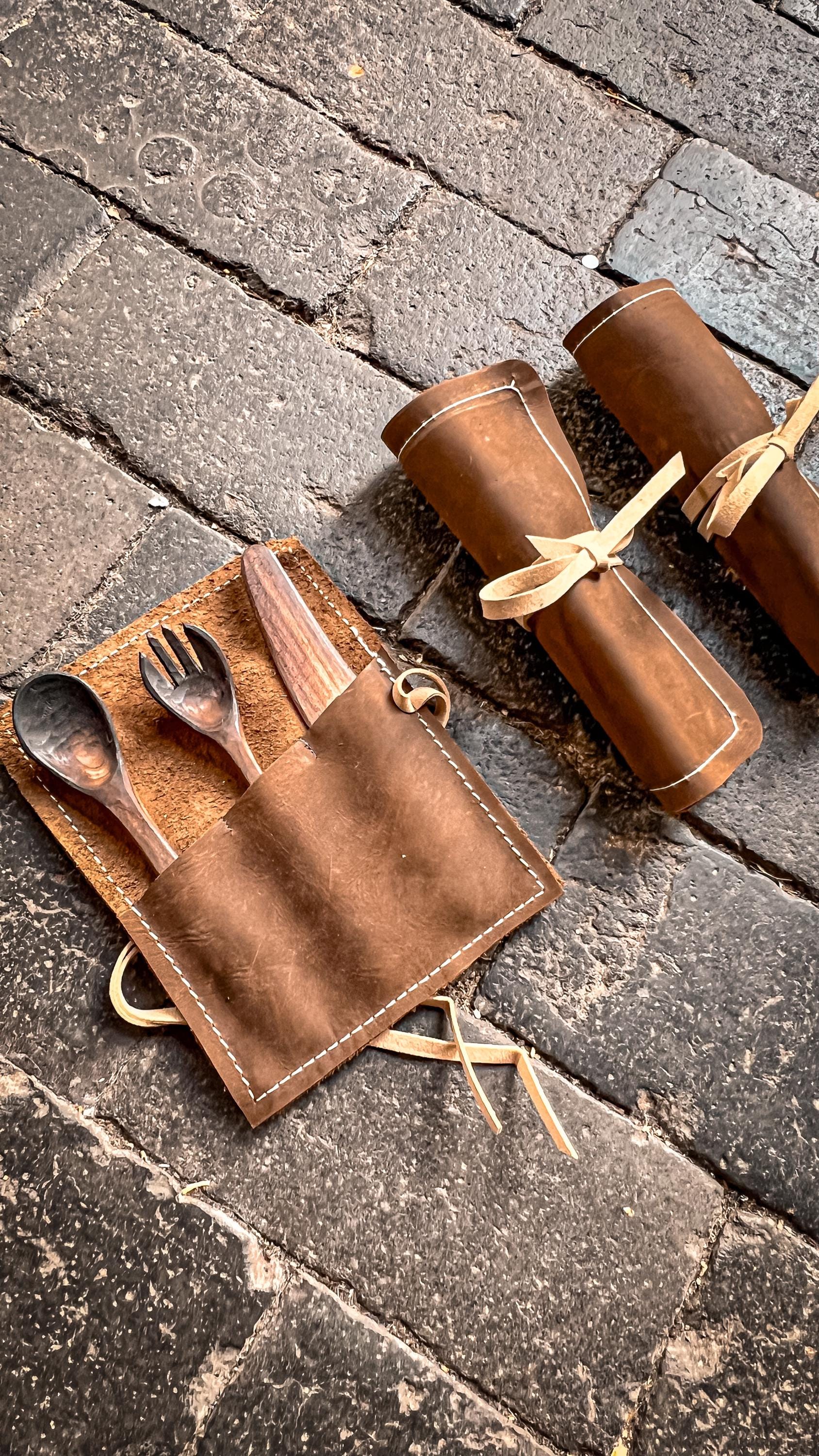 Handcarved Birch Cutlery Set with Handmade Nubuck Leather Sleeve – Bushcraft | Camping | Gift for Outdoorsmen