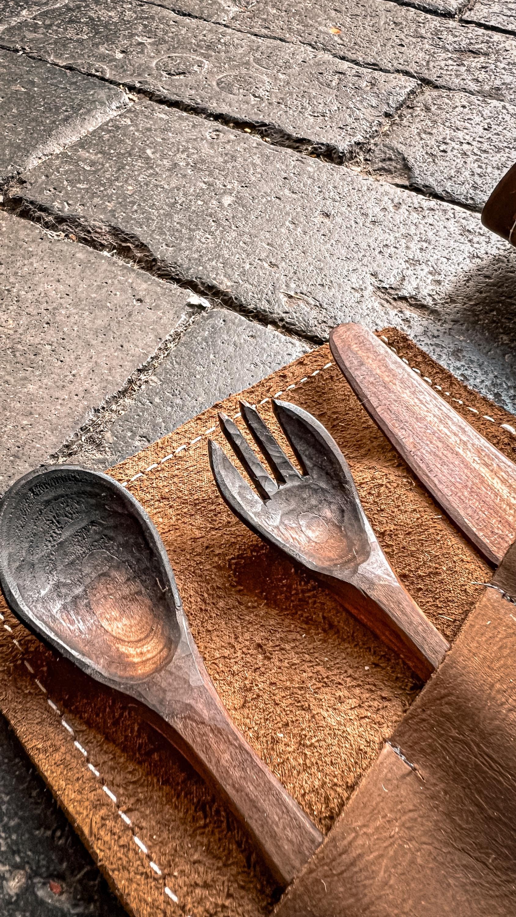 Handcarved Birch Cutlery Set with Handmade Nubuck Leather Sleeve – Bushcraft | Camping | Gift for Outdoorsmen