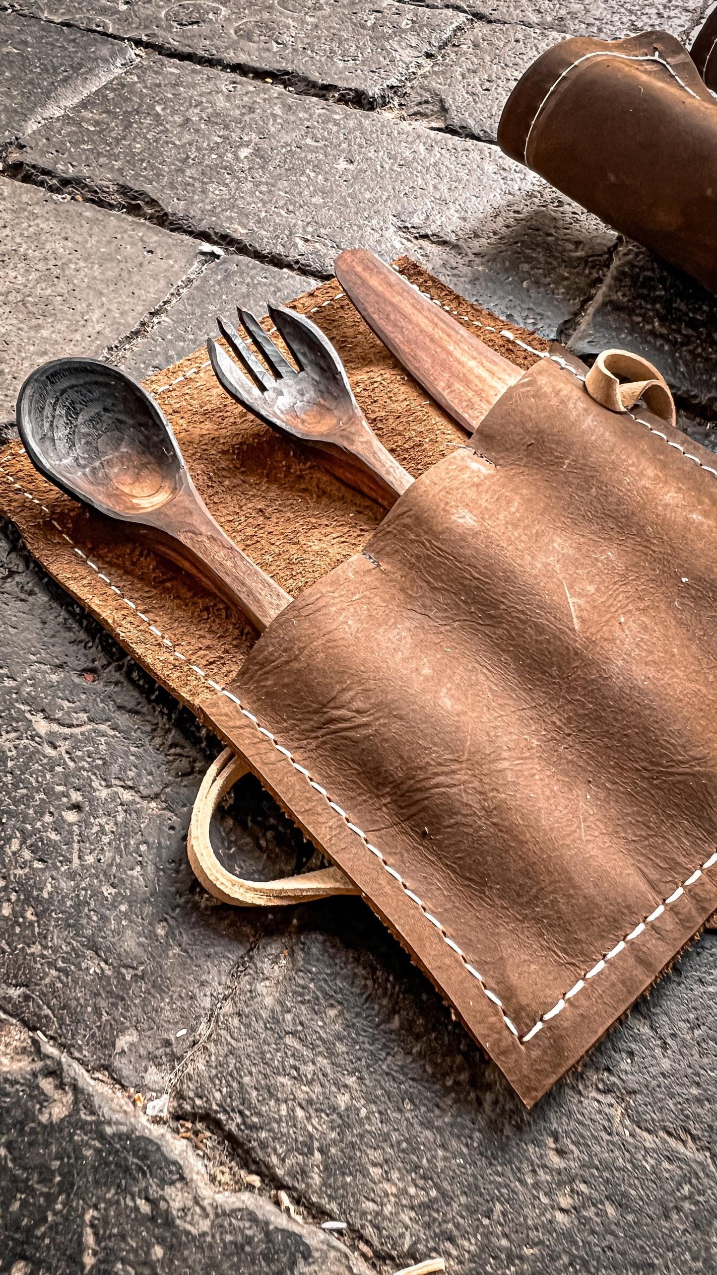 Handcarved Birch Cutlery Set with Handmade Nubuck Leather Sleeve – Bushcraft | Camping | Gift for Outdoorsmen