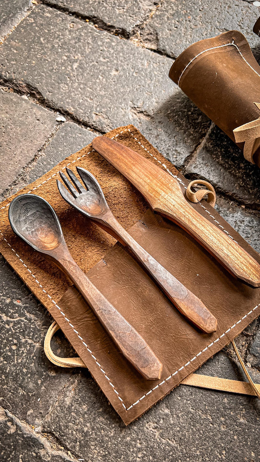 Handcarved Birch Cutlery Set with Handmade Nubuck Leather Sleeve – Bushcraft | Camping | Gift for Outdoorsmen